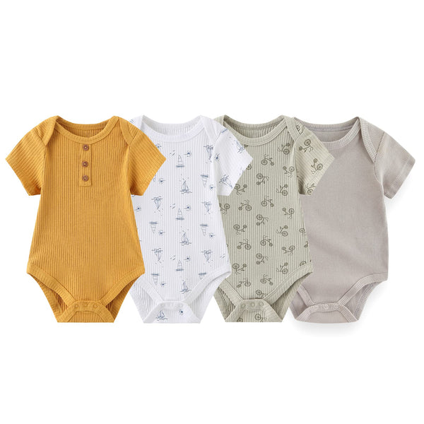 FILLEEP Solid Unisex Short Sleeve Baby Boy Girl Bodysuits 4-pack Cotton Cartoon Baby Clothes Soft Infant Outfits