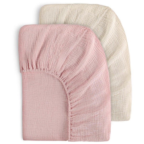 FILLEEP Muslin Crib Sheets for Boys Girls 100% Cotton Fitted Baby Crib Sheet 2 Pack Soft and Breathable for Standard Crib Mattress & Toddler Mattress 52"x28" Apricot&Pink