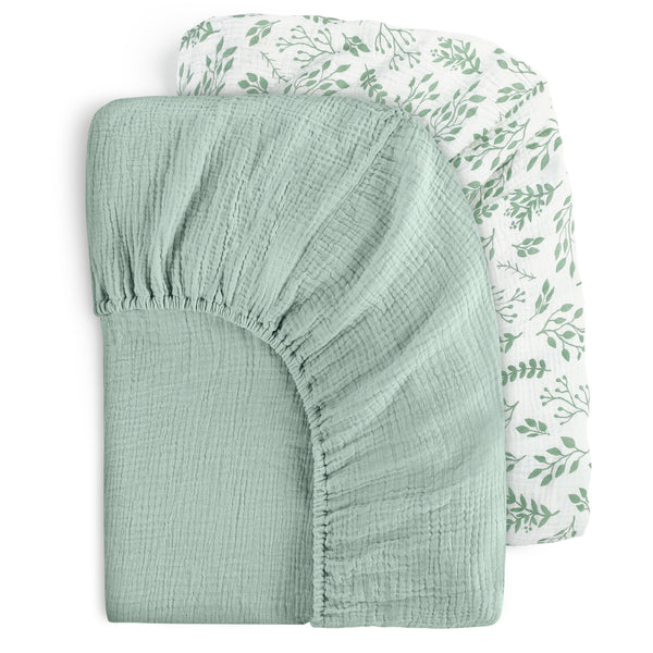 FILLEEP Muslin Crib Sheets for Boys Girls 100% Cotton Fitted Baby Crib Sheet 2 Pack Soft and Breathable for Standard Crib Mattress & Toddler Mattress 52"x28" Leaves&Green